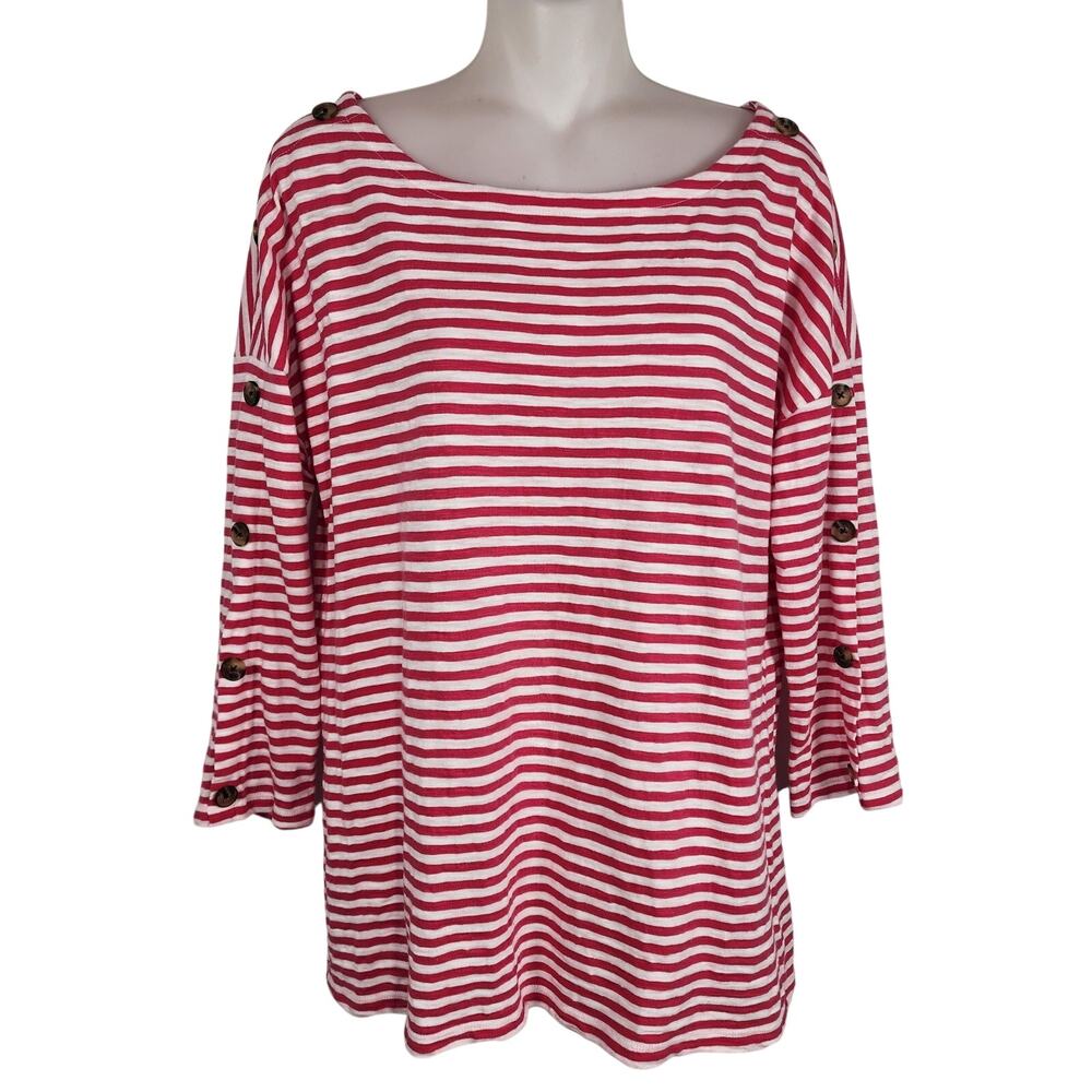 Talbots Womens Tee Top Large Pink White Striped Cotton Knit Bateau Button Sleeve
